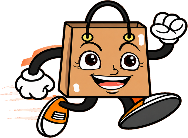 The KwikFastHurry delivery bag mascot, mid-sprint